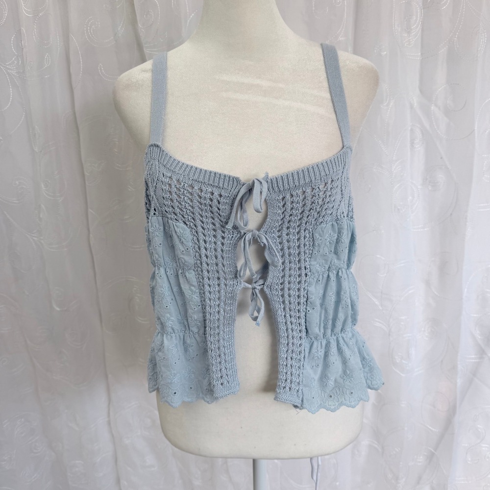 Derek Heart Light Blue Eyelet Pointelle Knit Tie Front Cami Top Small NEW